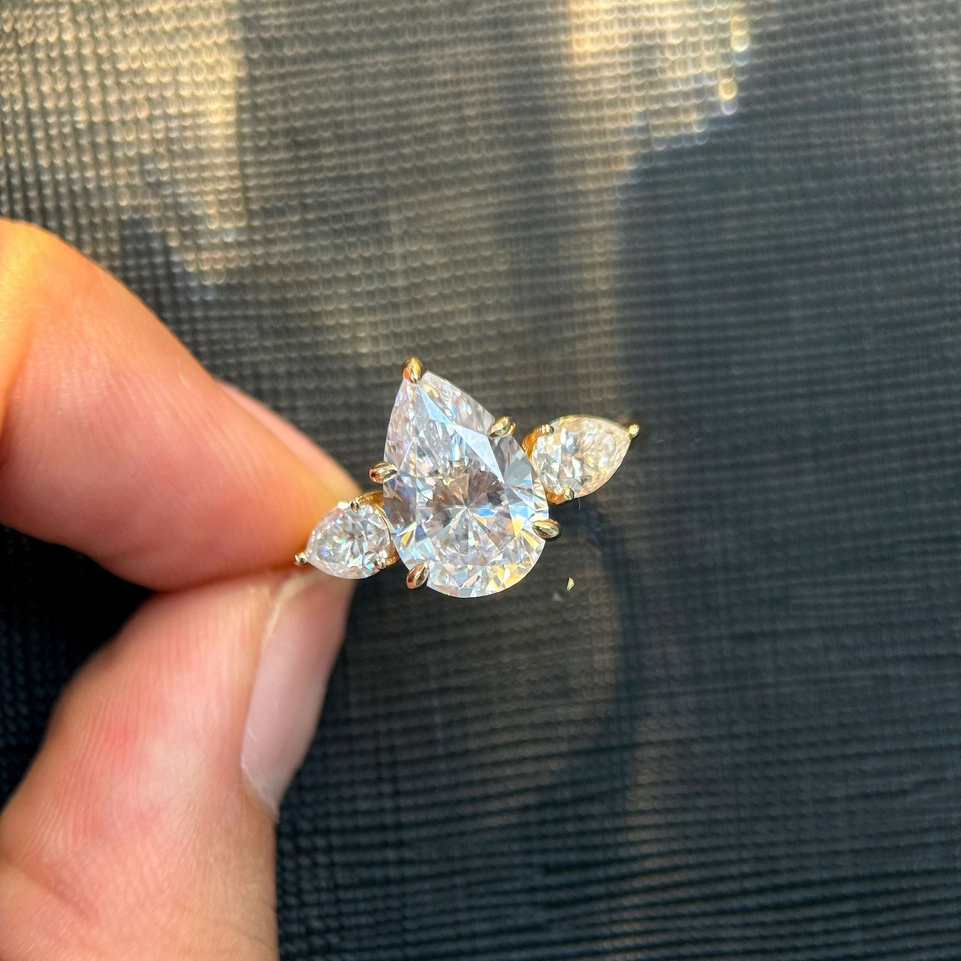 Pear Three-stone Moissanite Ring - 18K Gold Plated