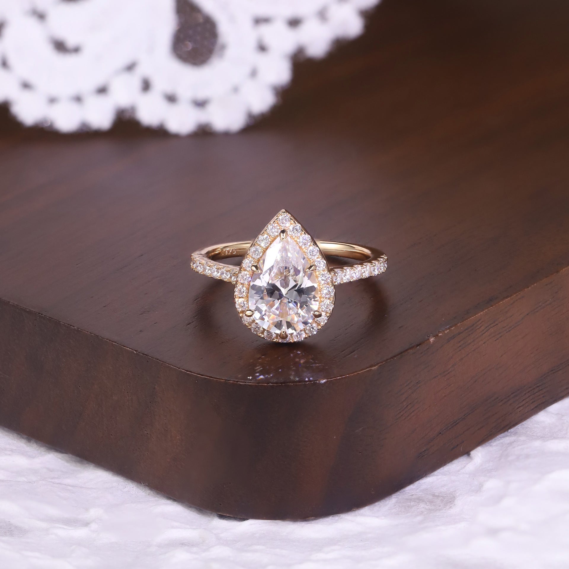 Pear Halo Pavé Moissanite Ring - 18K Gold Plated