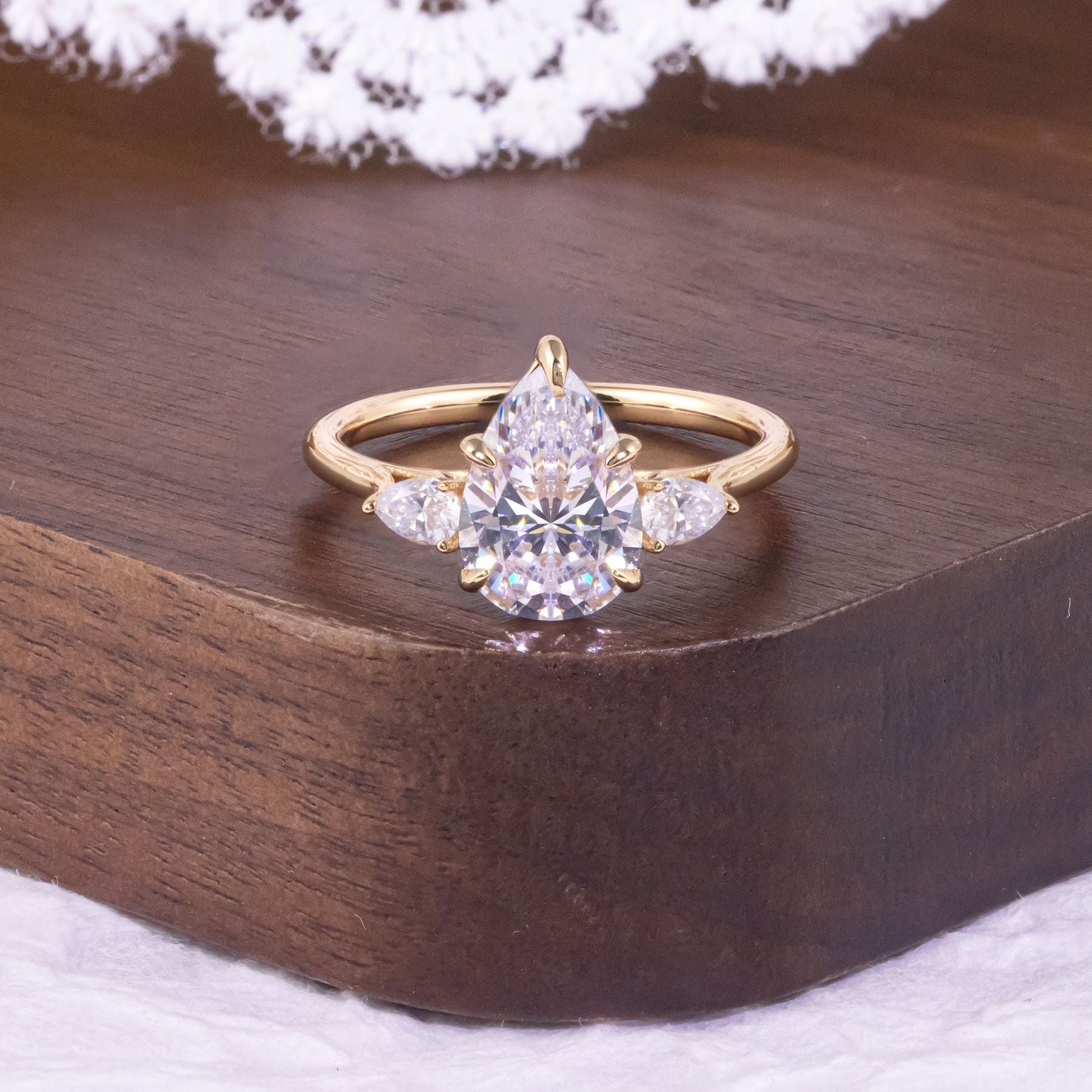 Pear Three-stone Moissanite Ring - 18K Gold Plated