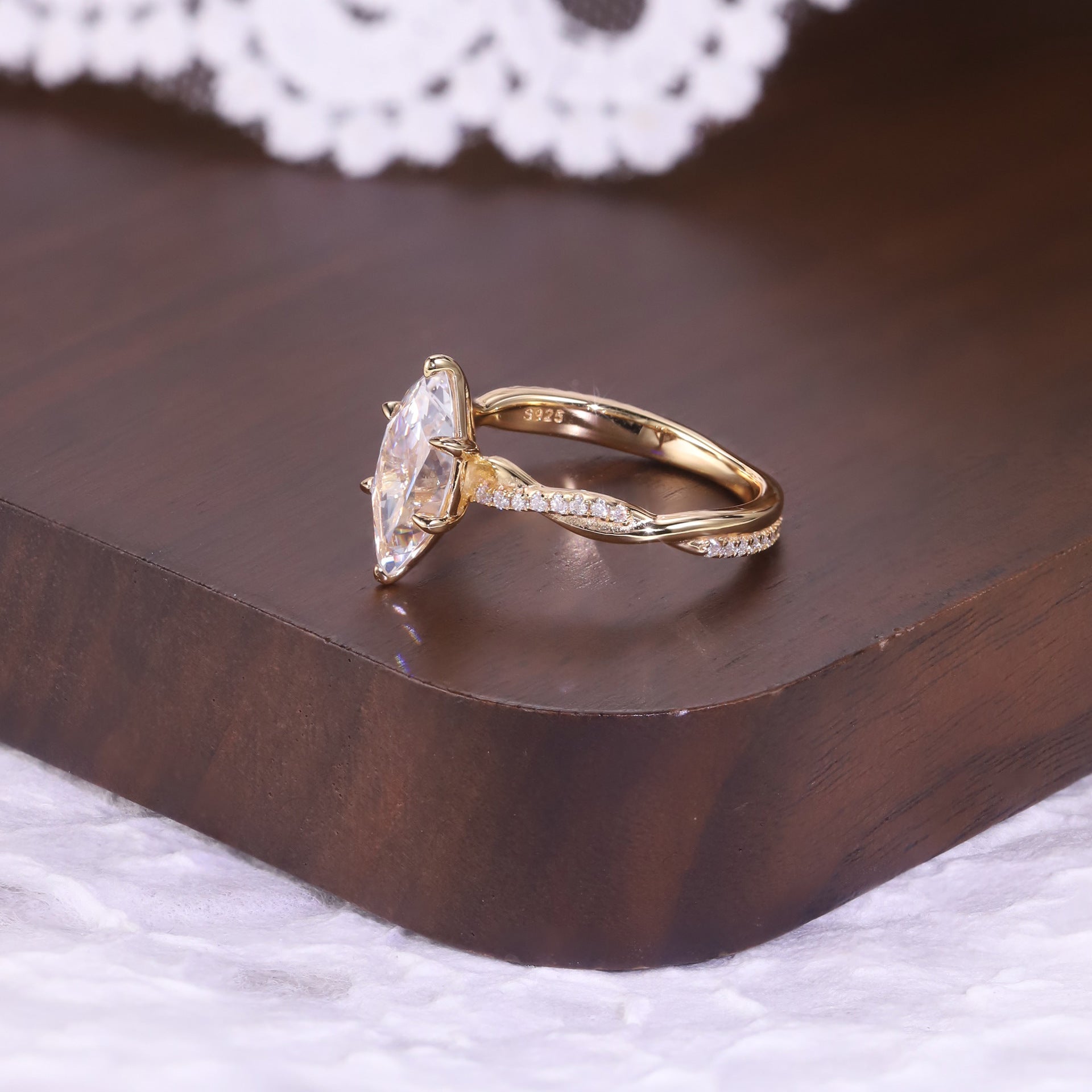 Marquise Twisted Moissanite Ring - 18K Gold Plated