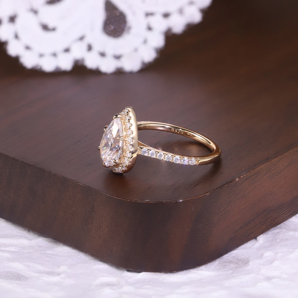 Pear Halo Pavé Moissanite Ring - 18K Gold Plated
