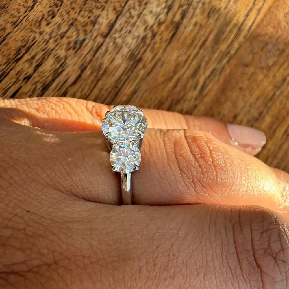 Round Cut Moissanite 3-Stone Ring | 2CT / 4CT Total | 18K Gold Plated | GRA Certified | 925 Silver