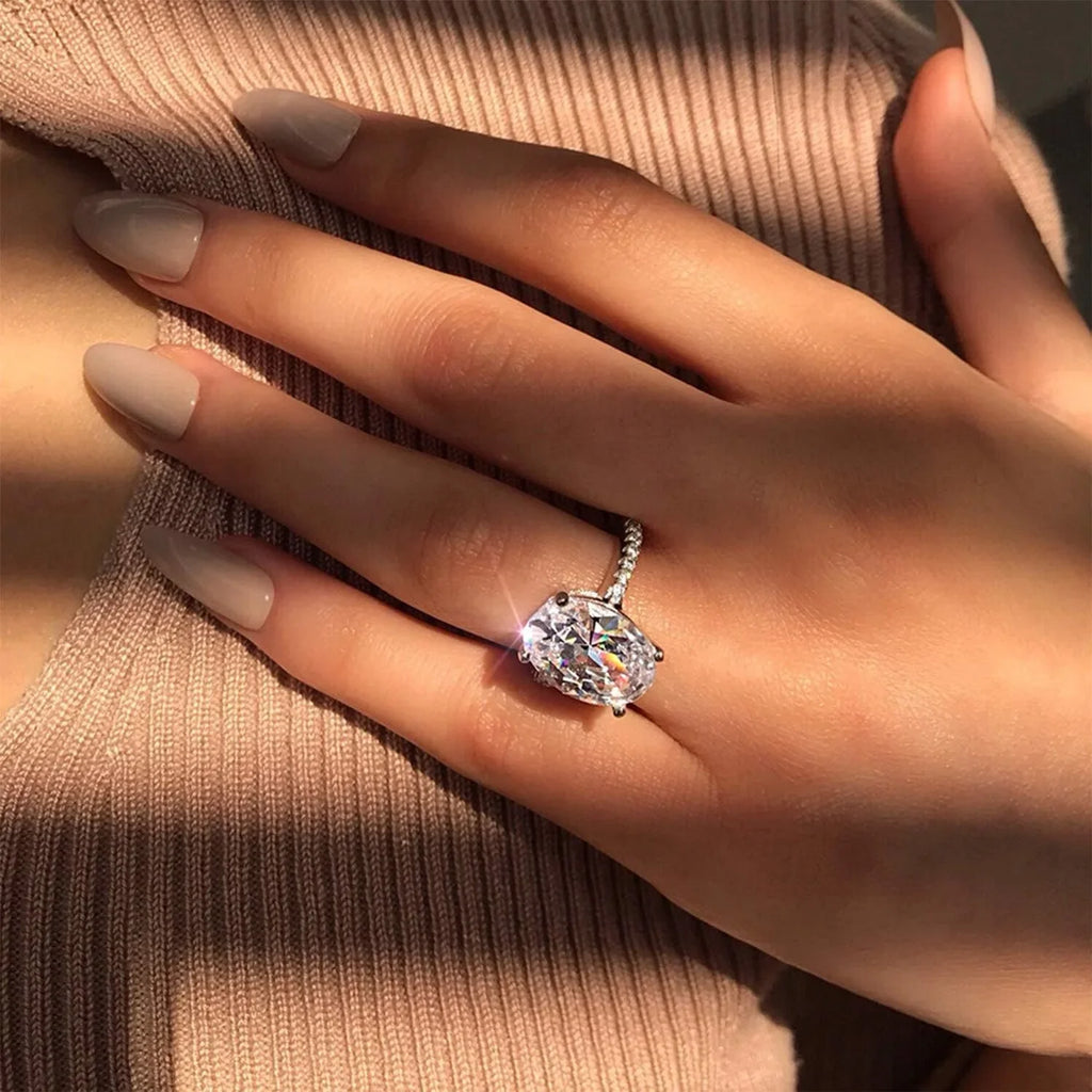 Oval Cut Full Moissanite Hidden Halo Ring | 1CT / 2CT / 3CT / 4CT | 925 Silver Platinum Plated