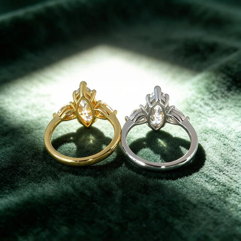 Marquise Moissanite Three Stone Ring | 3CT Center | Pear Side Stones