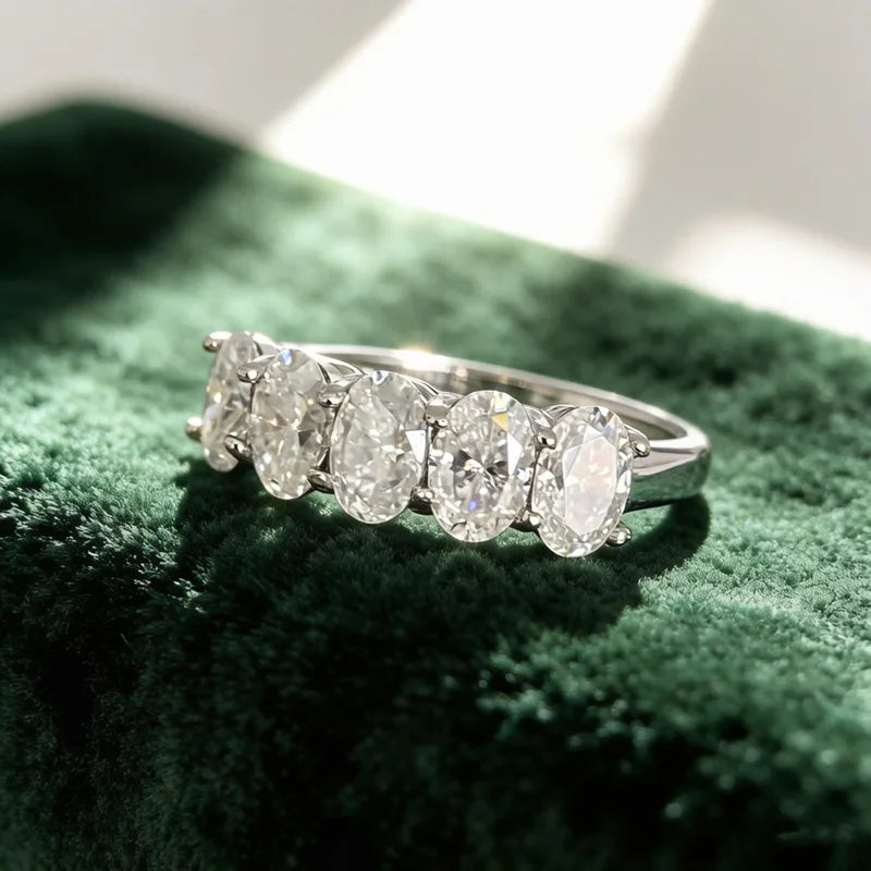 5-Stone Oval Cut Moissanite Half Eternity Band | 2.5CT Total | 925 Sterling Silver
