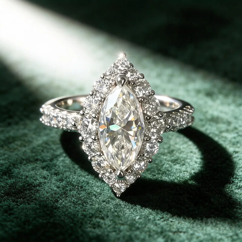 Marquise Cut Moissanite Vintage Halo Ring | 2CT | Pavé CZ Halo