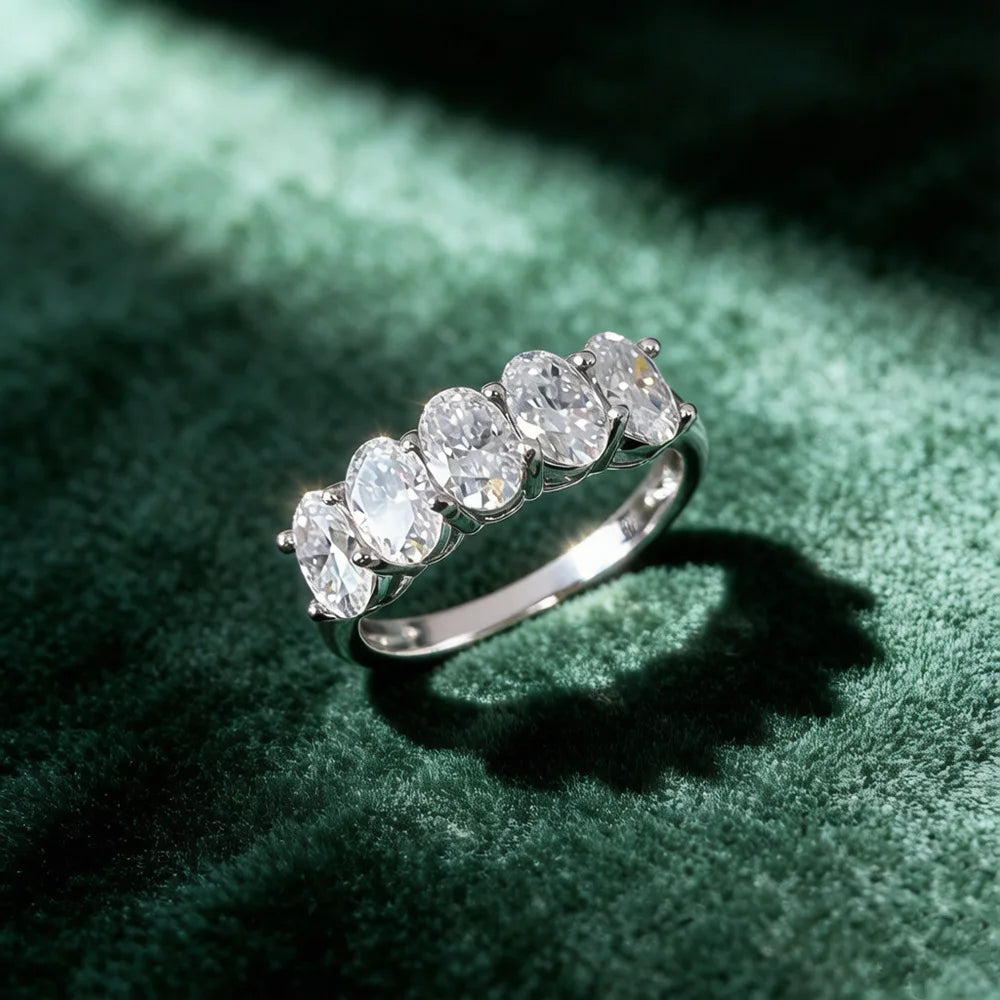 5-Stone Oval Cut Moissanite Half Eternity Band | 2.5CT Total | 925 Sterling Silver