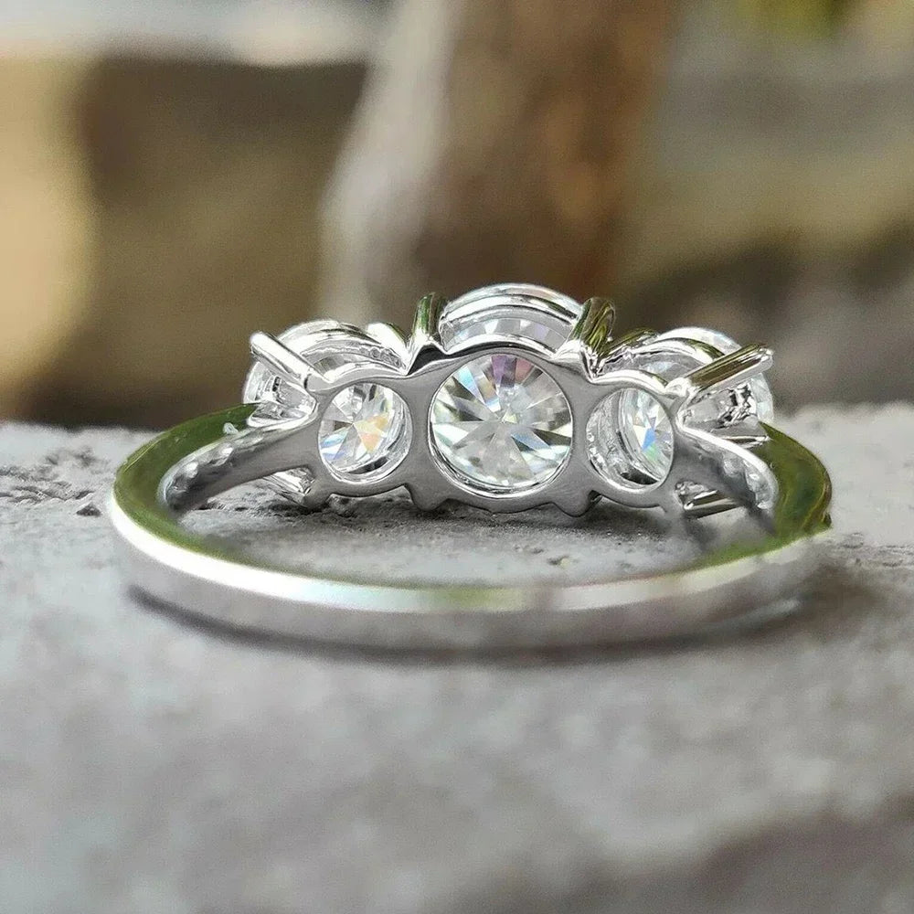 Round Cut Moissanite 3-Stone Ring | 2CT / 4CT Total | 18K Gold Plated | GRA Certified | 925 Silver