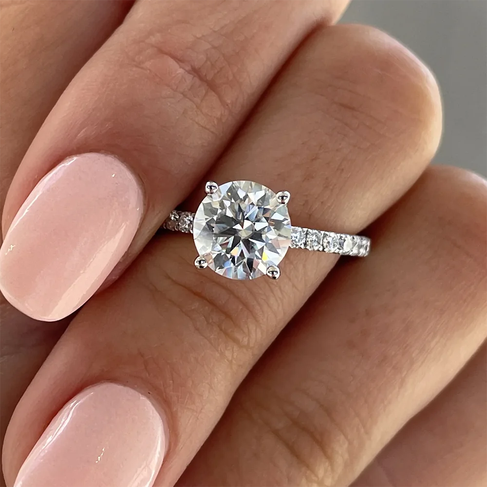 Round Cut Moissanite Pavé Hidden Halo Ring | 1CT / 2CT / 3CT | 925 Silver Platinum Plated
