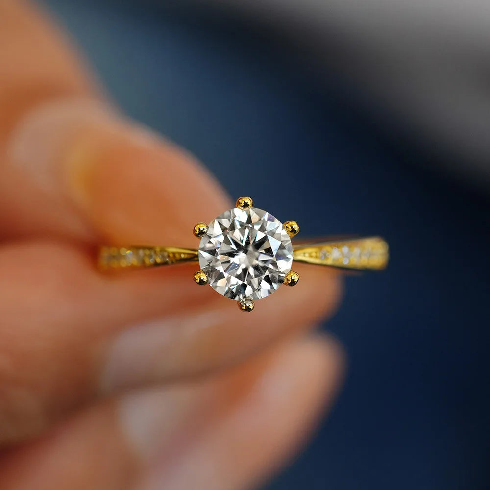 Round Cut Moissanite Ring | 1CT | 6-Prong | Pavé Band | 18K Gold Plated 925 Silver