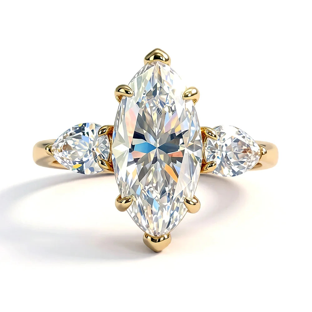 Marquise Moissanite Three Stone Ring | 3CT Center | Pear Side Stones