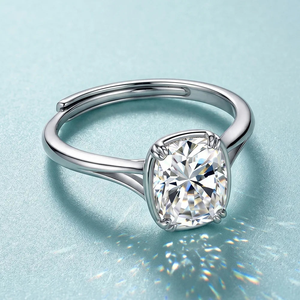Cushion Cut Moissanite Ring | Double Shank Pavé | Adjustable Size | Gold & Silver