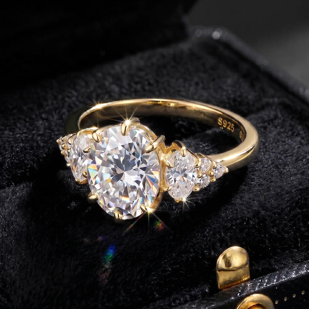 Oval Moissanite Cluster Ring | 2CT Center | Marquise & Round Accents | Gold & Silver