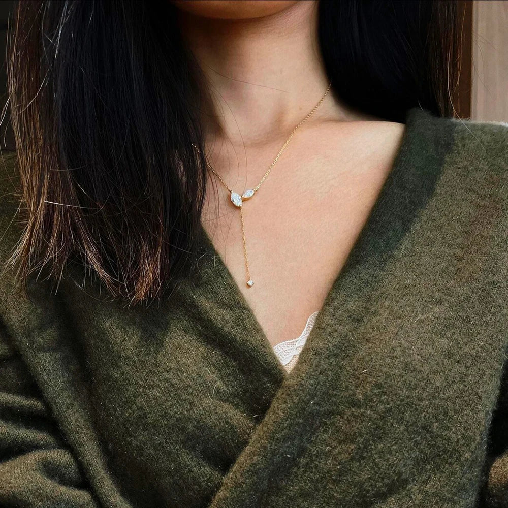Marquise Cut Moissanite Lariat Y-Necklace | 925 Silver Box Chain | Gold / Silver / Rose Gold