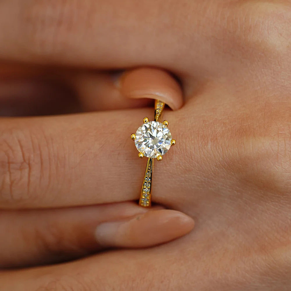Round Cut Moissanite Ring | 1CT | 6-Prong | Pavé Band | 18K Gold Plated 925 Silver
