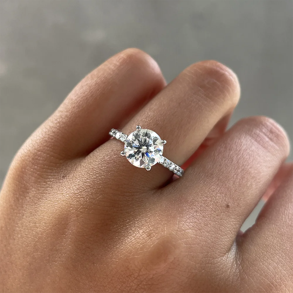 Round Cut Moissanite Pavé Hidden Halo Ring | 1CT / 2CT / 3CT | 925 Silver Platinum Plated