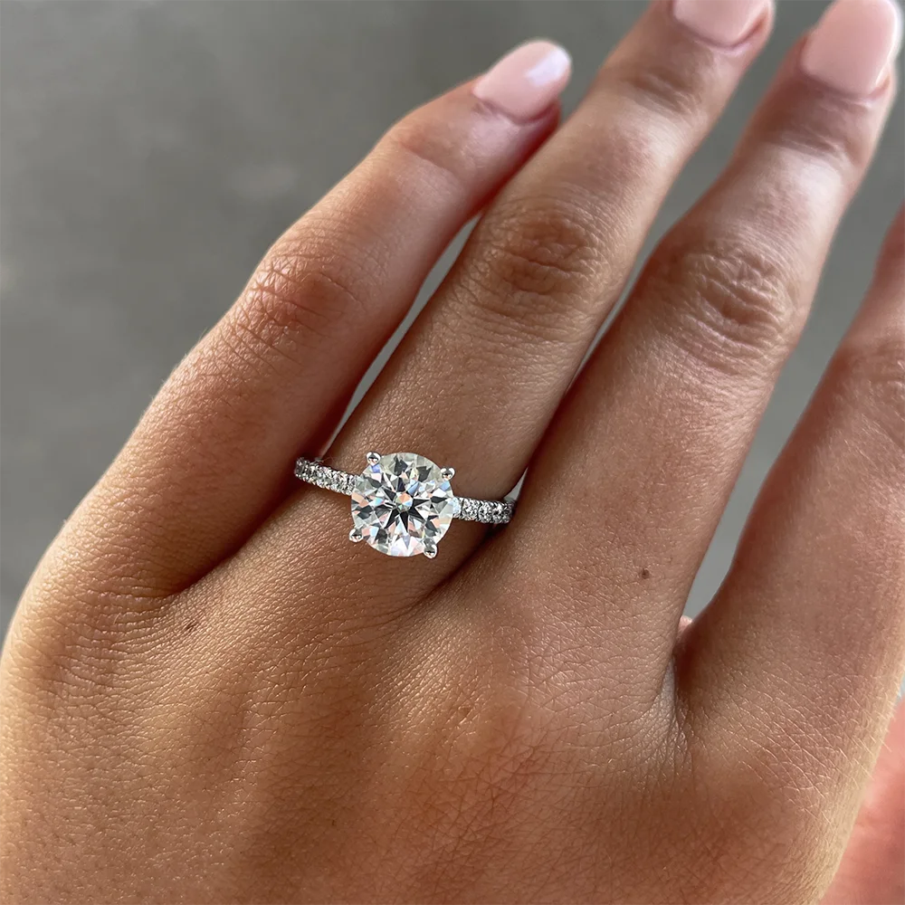 Round Cut Moissanite Pavé Hidden Halo Ring | 1CT / 2CT / 3CT | 925 Silver Platinum Plated