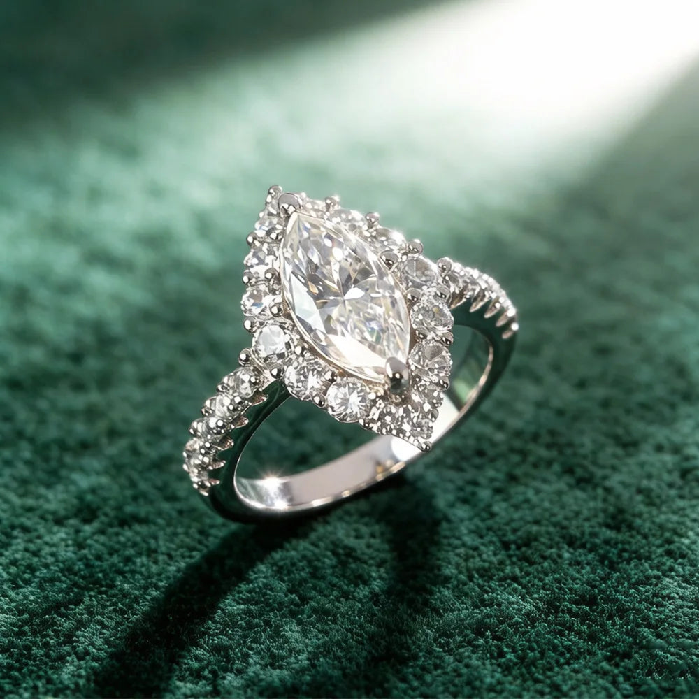 Marquise Cut Moissanite Vintage Halo Ring | 2CT | Pavé CZ Halo