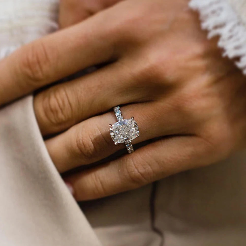 4CT Crushed Ice Cushion Cut Moissanite Hidden Halo Ring | GRA Certified | 925 Silver 18K Gold Plated