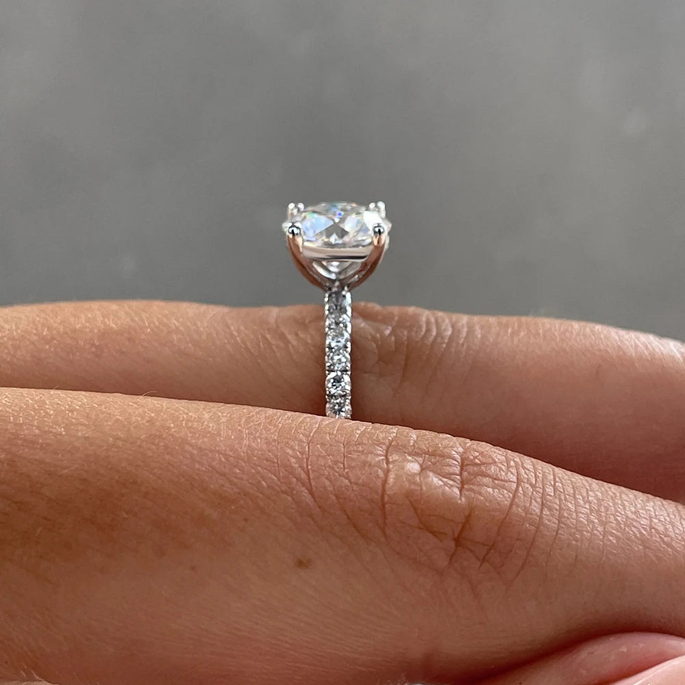 Round Cut Moissanite Pavé Hidden Halo Ring | 1CT / 2CT / 3CT | 925 Silver Platinum Plated