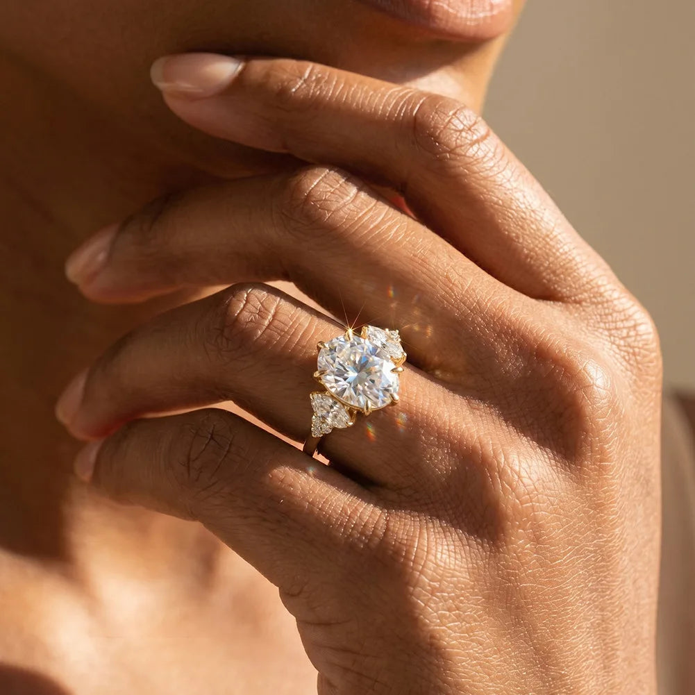 Oval Moissanite Cluster Ring | 2CT Center | Marquise & Round Accents | Gold & Silver
