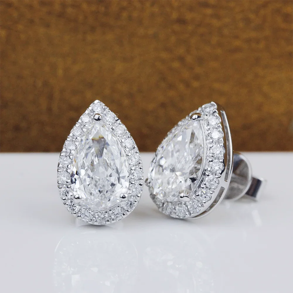 Pear Cut Moissanite Halo Stud Earrings | 0.5CT / 1CT Each | Certified | 925 Sterling Silver | Butterfly Back
