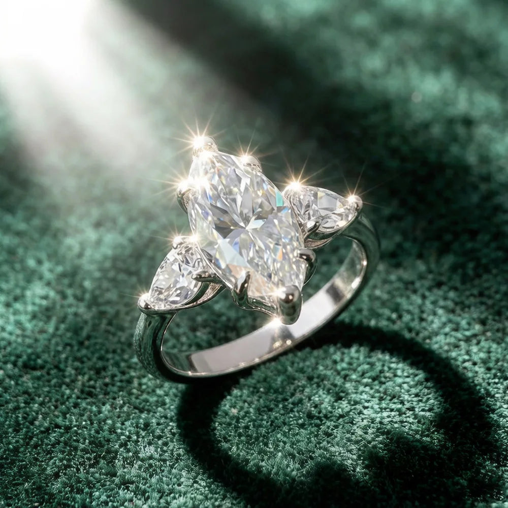Marquise Moissanite Three Stone Ring | 3CT Center | Pear Side Stones