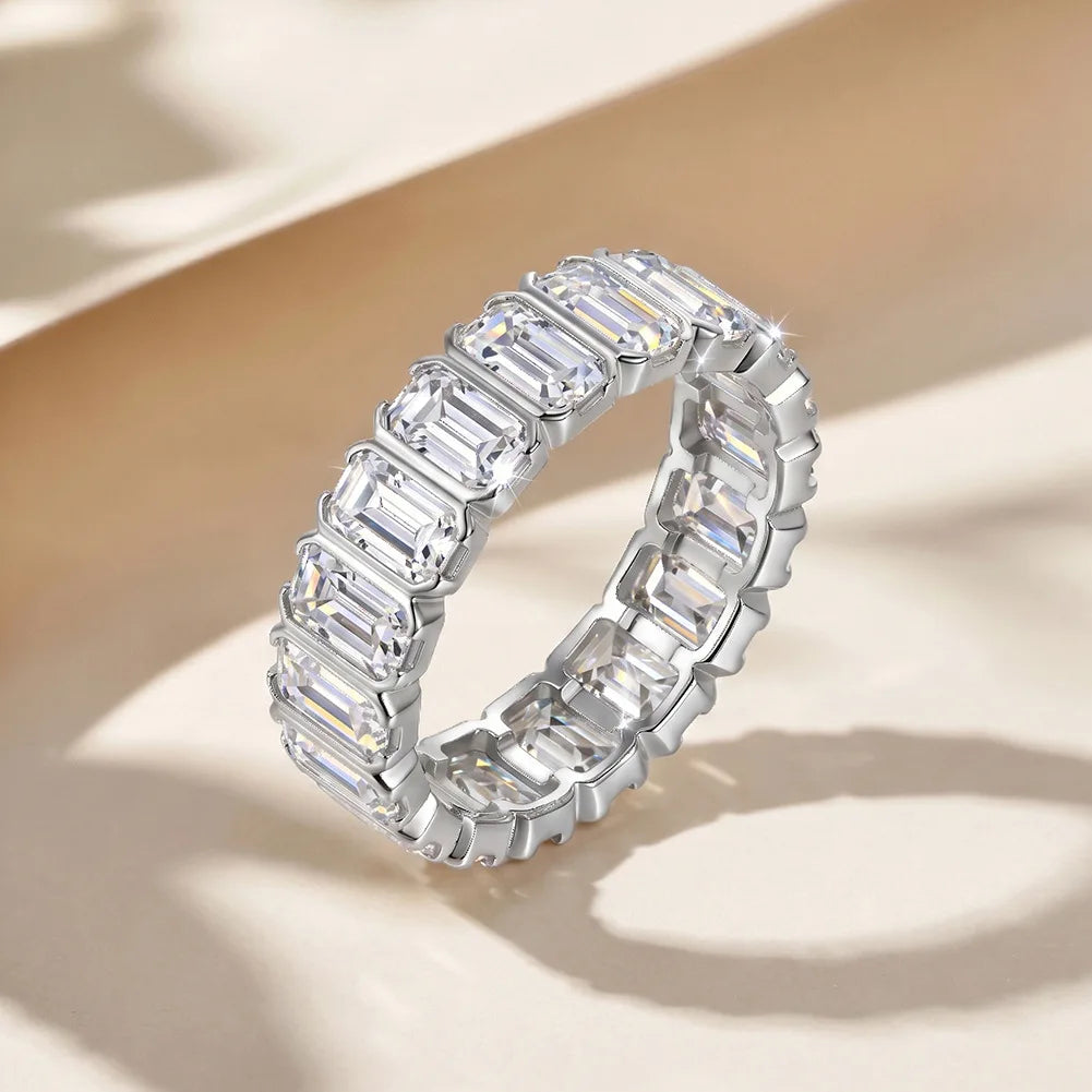 Emerald Cut Moissanite Full Eternity Ring | Stackable Wedding Band | Gold & Silver