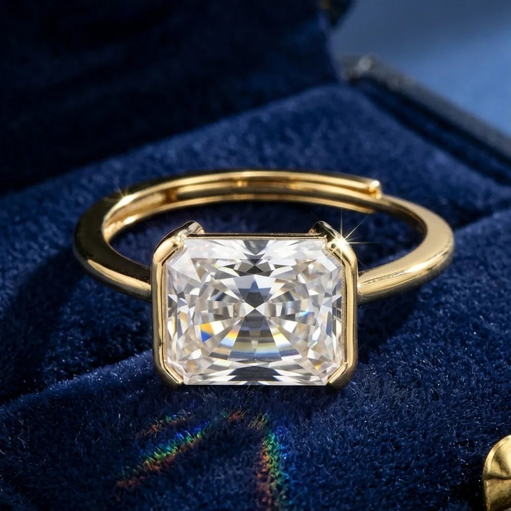 Emerald Cut Moissanite Solitaire Ring | 4CT | Adjustable Size | Gold & Silver