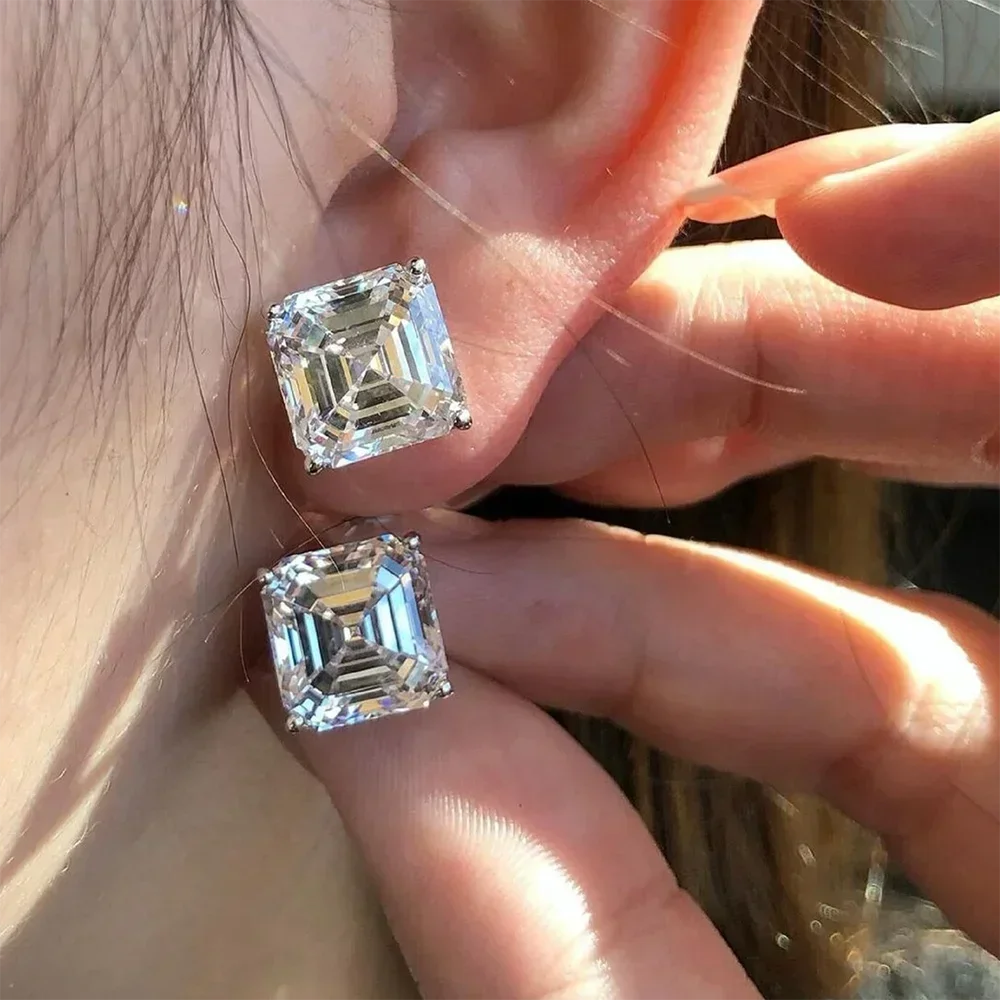 Asscher Cut Moissanite Stud Earrings | 1CT / 2CT / 2.5CT Each | GRA Certified | 925 Sterling Silver