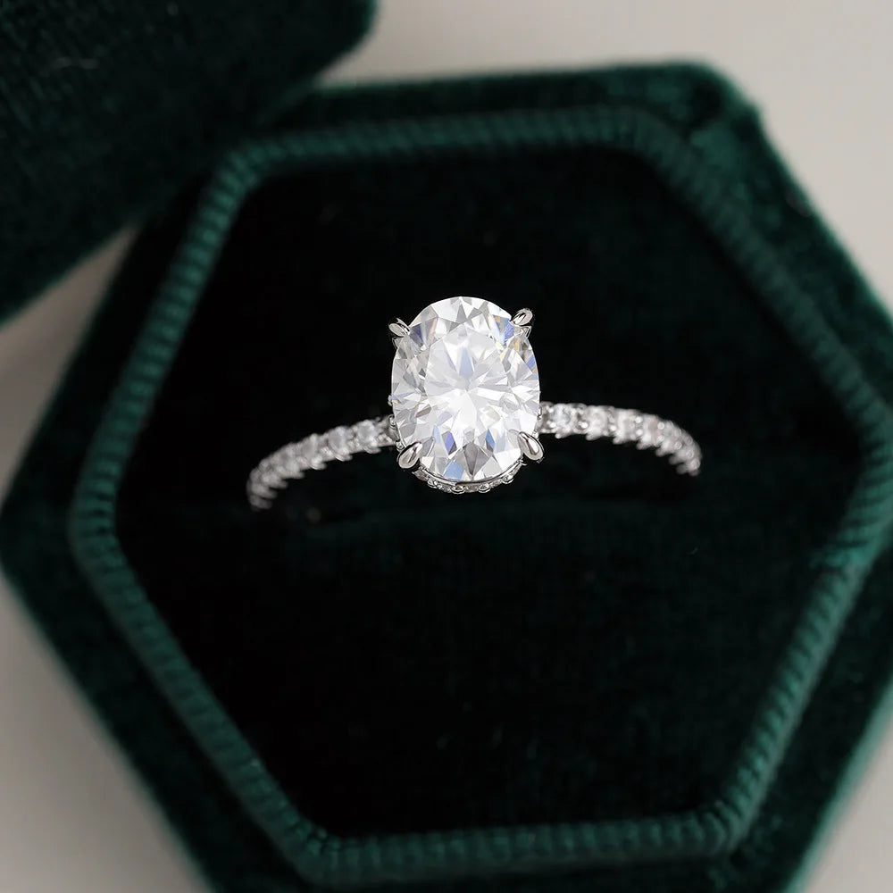 Oval Cut Moissanite Halo Ring | 1CT / 2CT / 3CT | Pavé CZ Halo