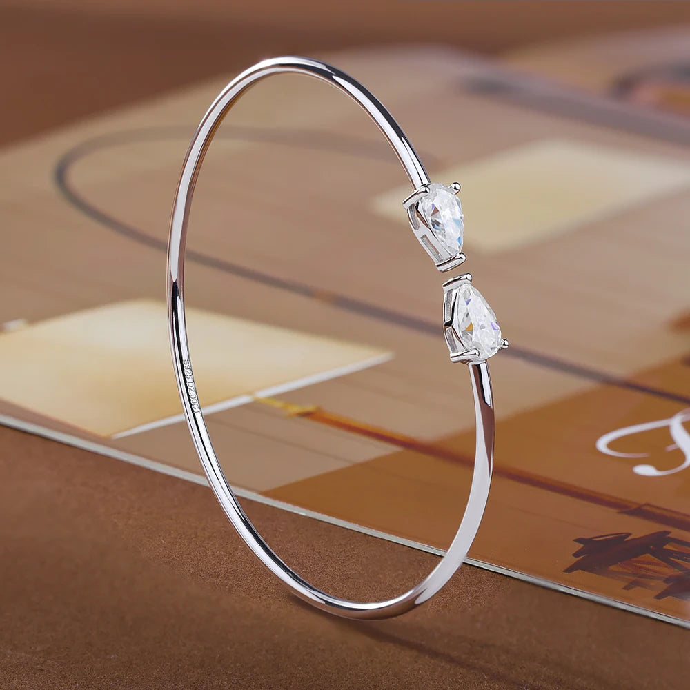 2-Stone Pear Cut Moissanite Open Cuff Bangle | 5×8mm | Certified | 925 Silver | Gold / Silver / Rose Gold