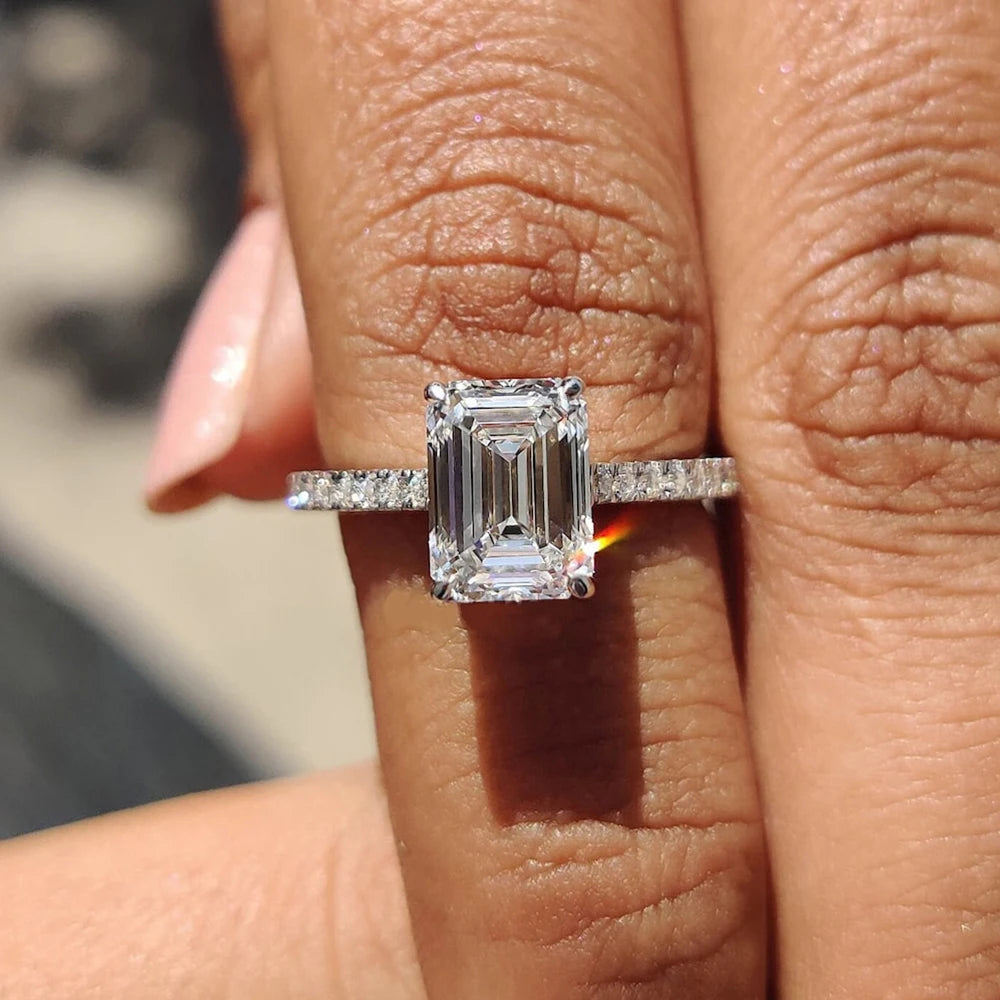 Emerald Cut Moissanite Hidden Halo Ring | 1CT / 2CT / 3CT / 4CT | GRA Certified | 925 Silver 18K Gold Plated