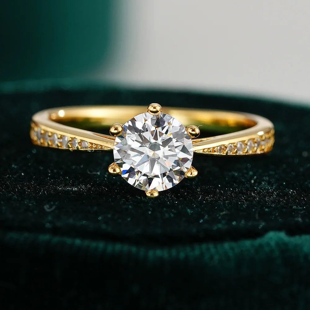 Round Cut Moissanite Ring | 1CT | 6-Prong | Pavé Band | 18K Gold Plated 925 Silver