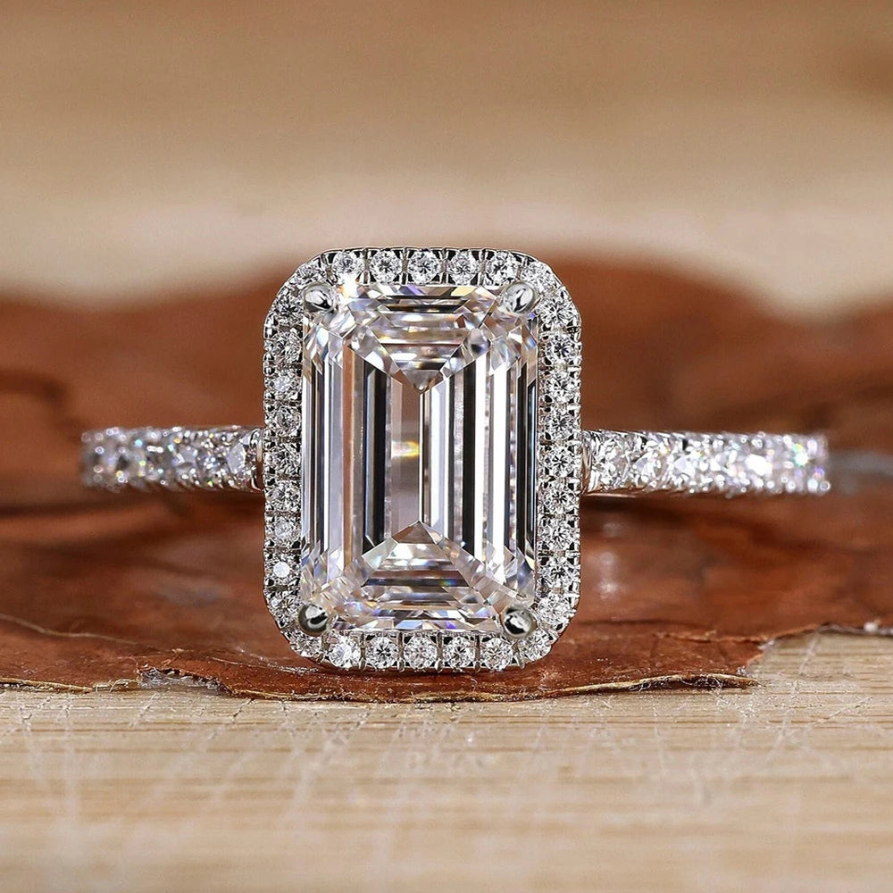 Emerald Cut Moissanite Halo Ring | 1CT / 2CT | GRA Certified | 18K Gold Plated | 925 Silver