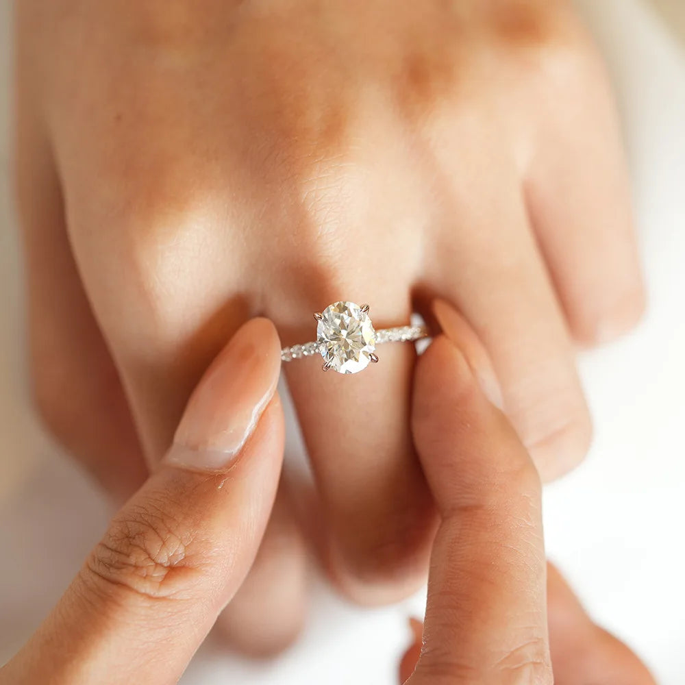 Oval Cut Moissanite Halo Ring | 1CT / 2CT / 3CT | Pavé CZ Halo