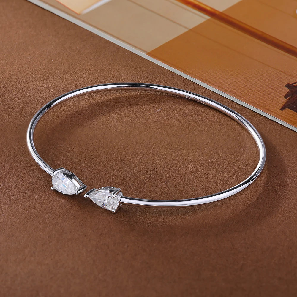 2-Stone Pear Cut Moissanite Open Cuff Bangle | 5×8mm | Certified | 925 Silver | Gold / Silver / Rose Gold