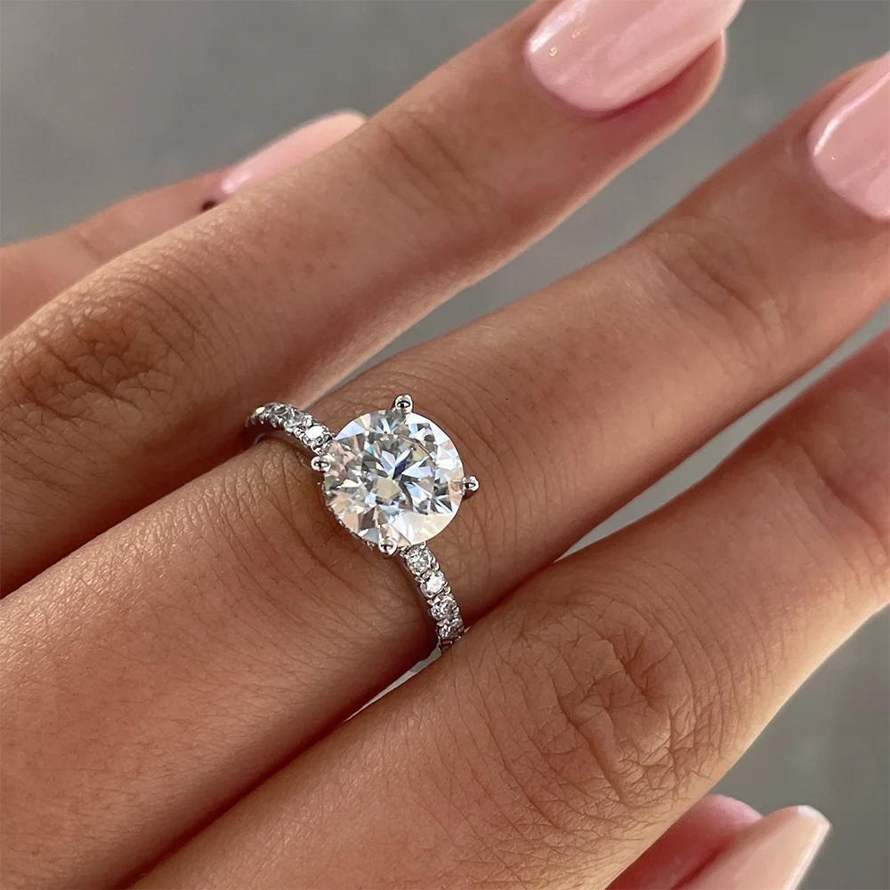 Round Cut Moissanite Pavé Hidden Halo Ring | 1CT / 2CT / 3CT | 925 Silver Platinum Plated