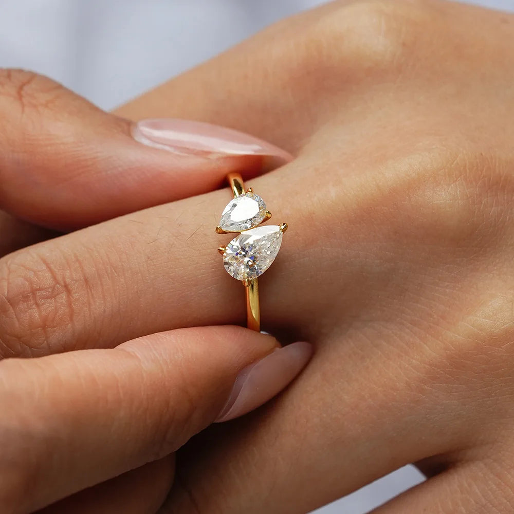 Toi et Moi Pear Cut Moissanite Ring | 1.5CT Total | VVS1 D Color | 18K Gold Plated