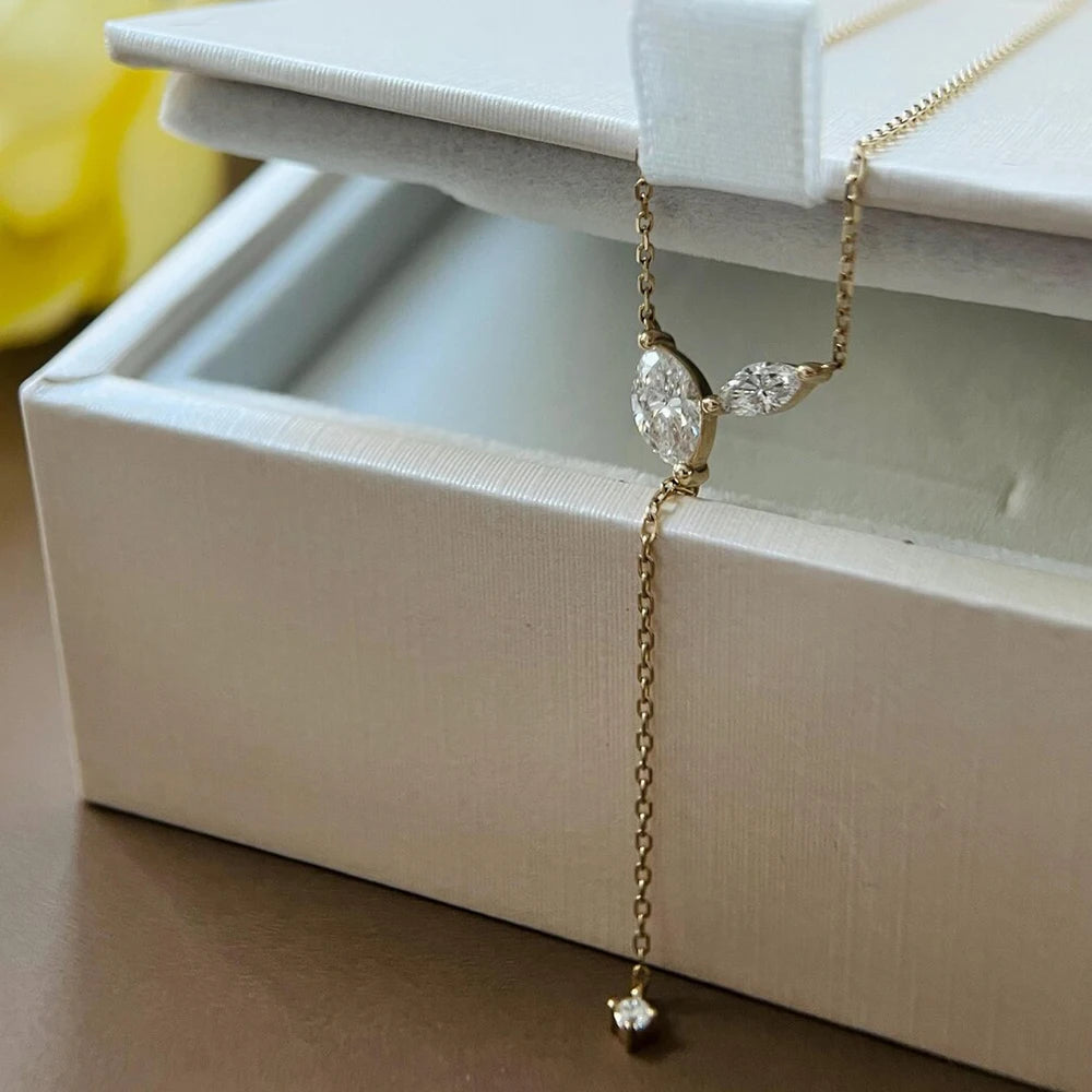 Marquise Cut Moissanite Lariat Y-Necklace | 925 Silver Box Chain | Gold / Silver / Rose Gold