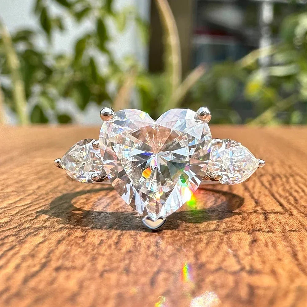 Heart Cut Moissanite Ring | Pear Cut Side Stones | 1CT / 2CT / 3CT / 4CT | 925 Sterling Silver