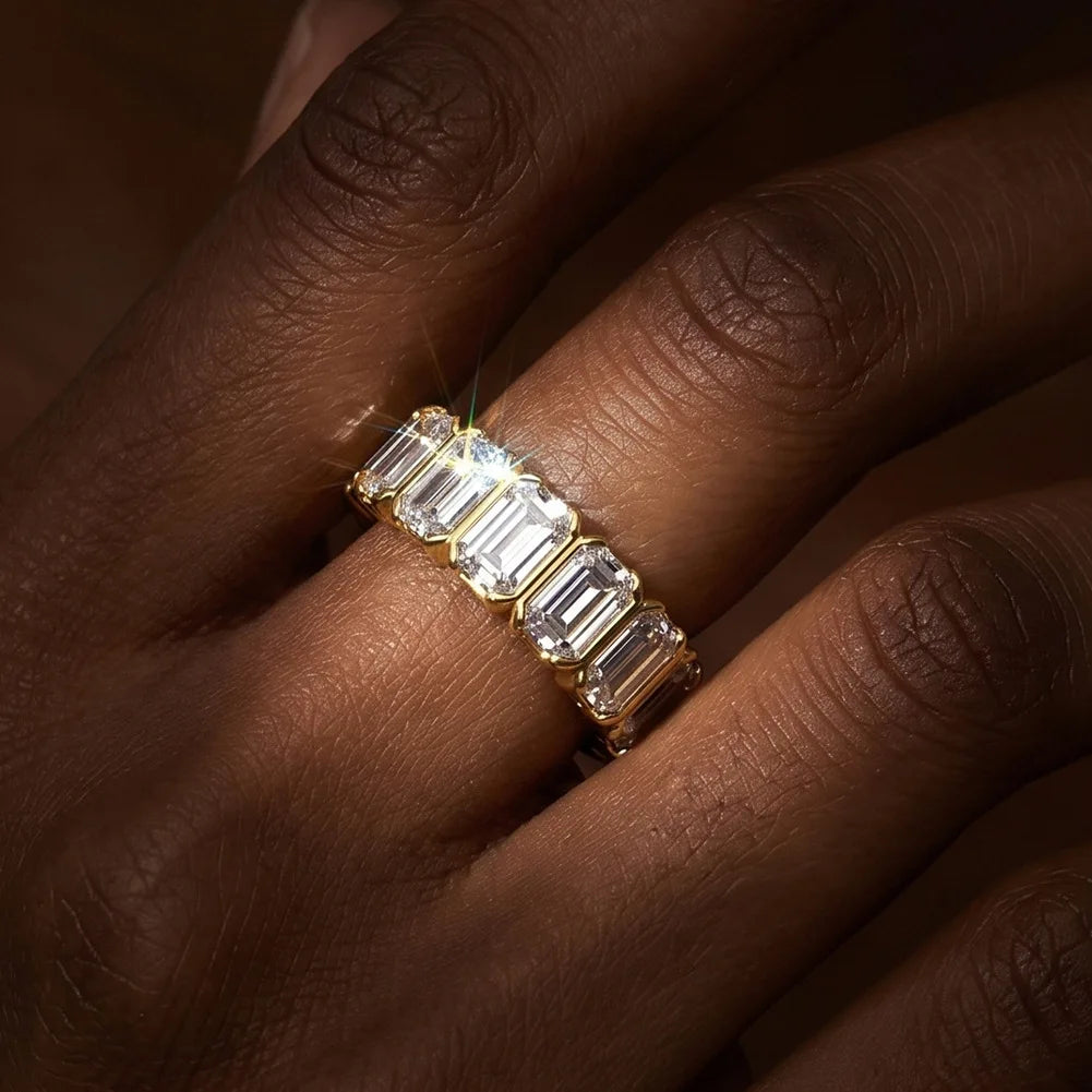 Emerald Cut Moissanite Full Eternity Ring | Stackable Wedding Band | Gold & Silver