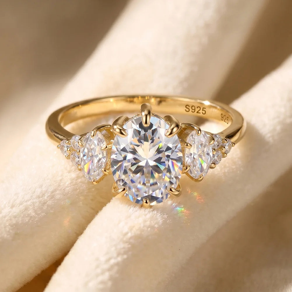 Oval Moissanite Cluster Ring | 2CT Center | Marquise & Round Accents | Gold & Silver