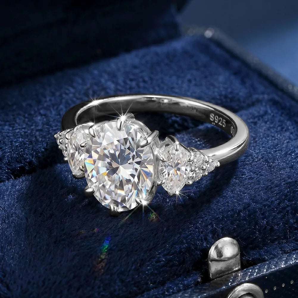 Oval Moissanite Cluster Ring | 2CT Center | Marquise & Round Accents | Gold & Silver