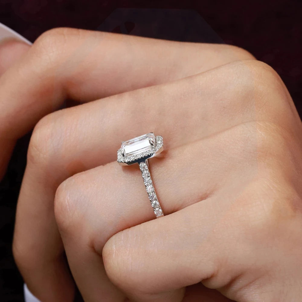 Emerald Cut Moissanite Halo Ring | 1CT / 2CT | GRA Certified | 18K Gold Plated | 925 Silver