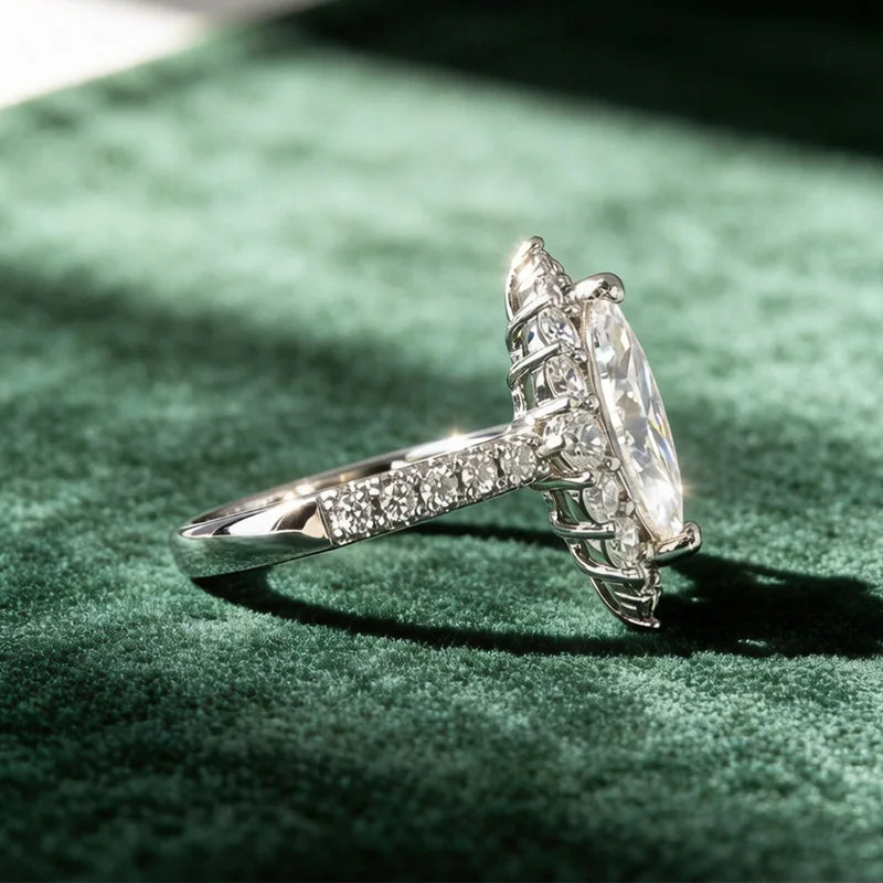 Marquise Cut Moissanite Vintage Halo Ring | 2CT | Pavé CZ Halo