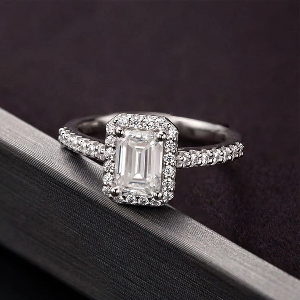 Emerald Cut Moissanite Halo Ring | 1CT / 2CT | GRA Certified | 18K Gold Plated | 925 Silver