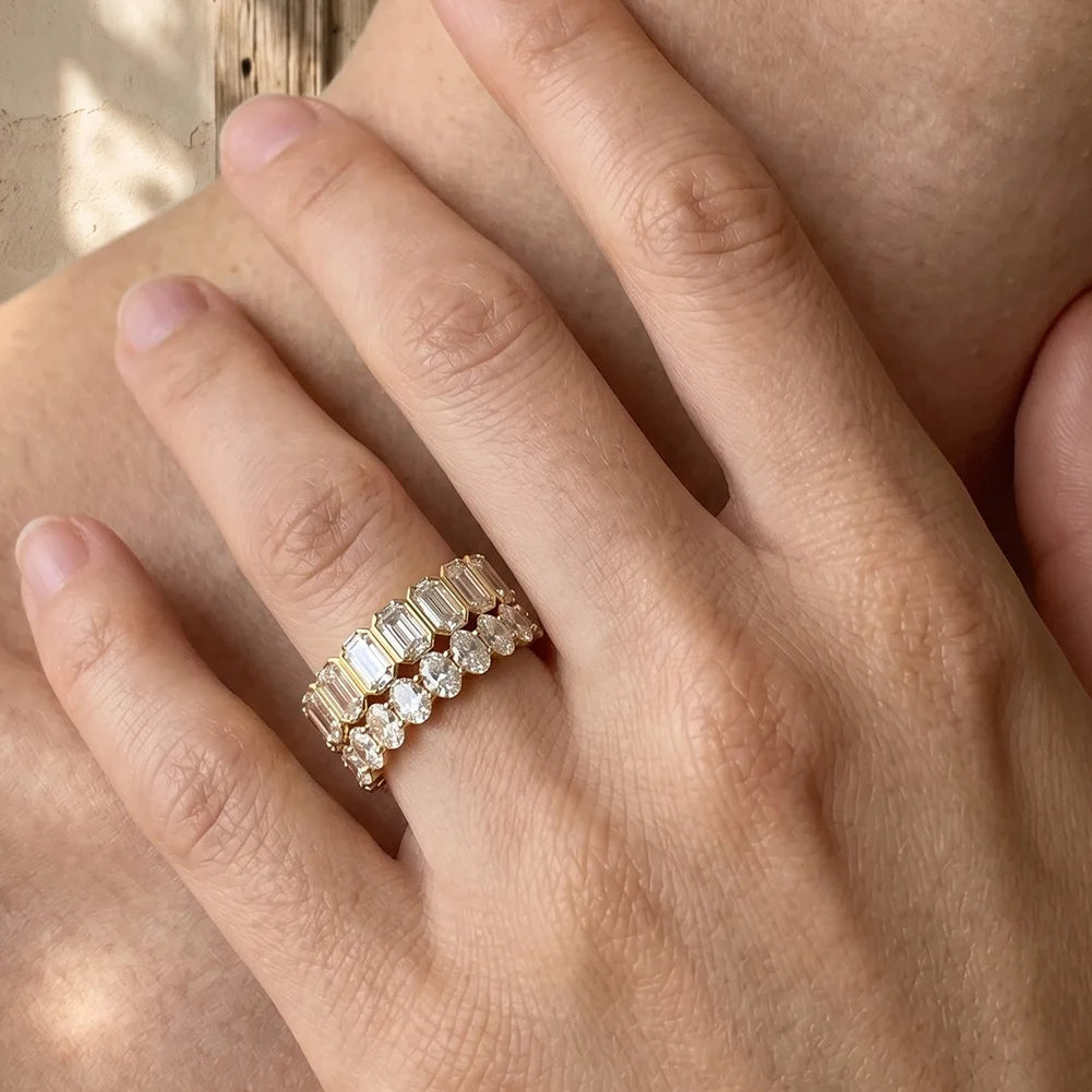 Emerald Cut Moissanite Full Eternity Ring | Stackable Wedding Band | Gold & Silver