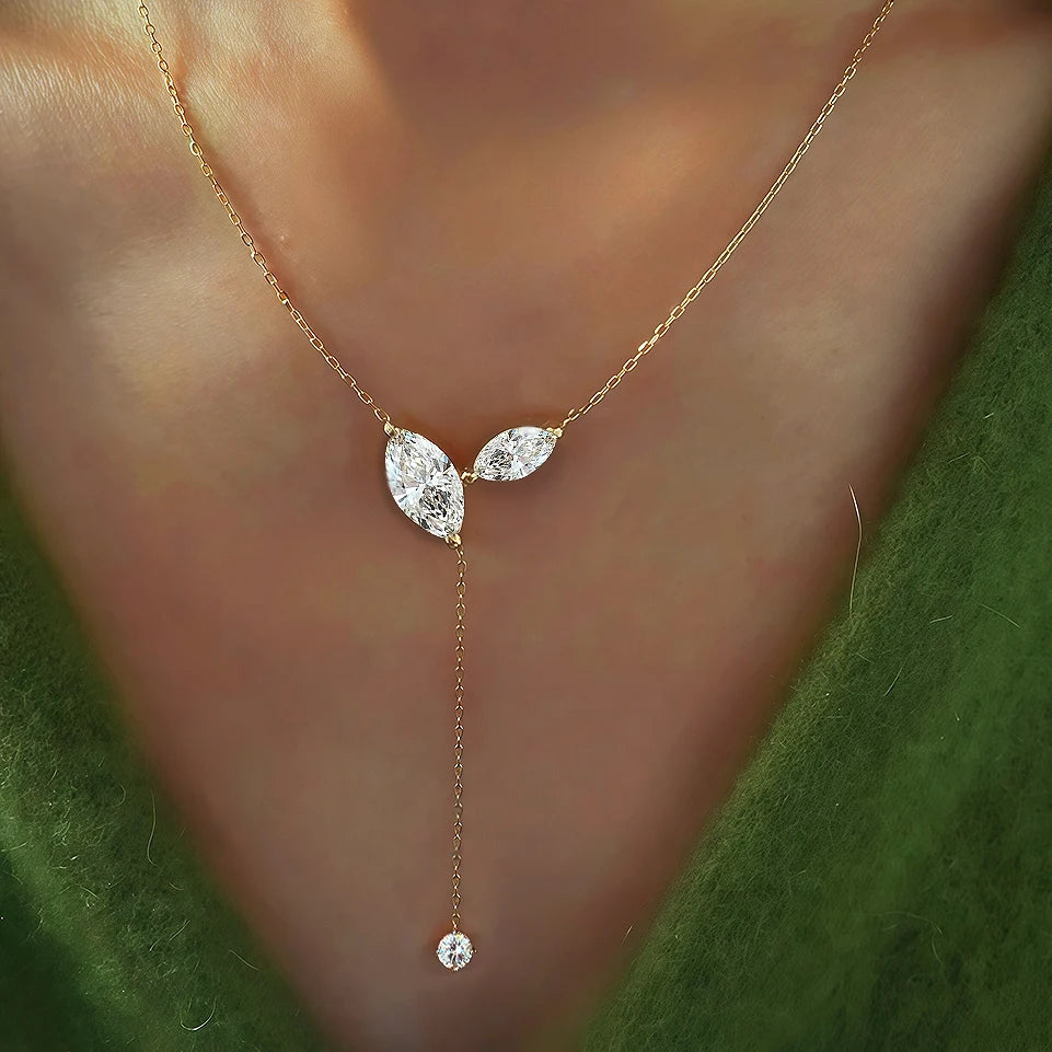 Marquise Cut Moissanite Lariat Y-Necklace | 925 Silver Box Chain | Gold / Silver / Rose Gold