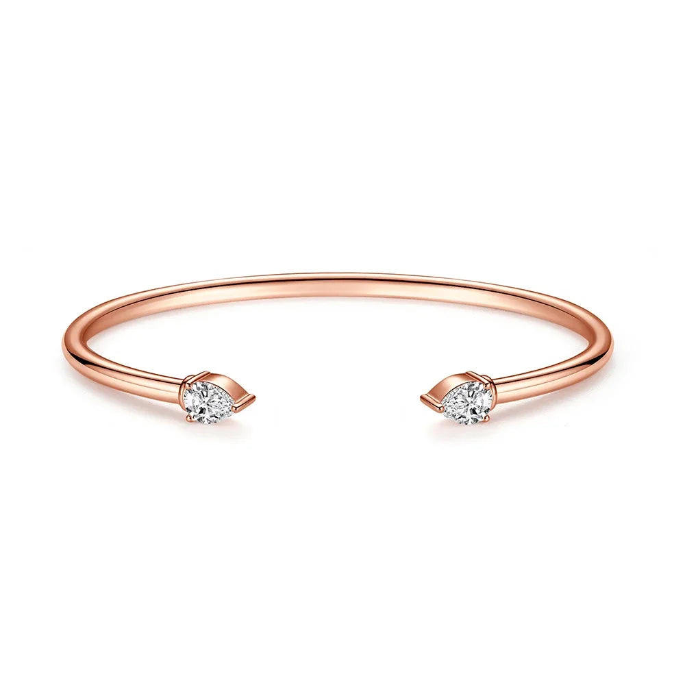 2-Stone Pear Cut Moissanite Open Cuff Bangle | 5×8mm | Certified | 925 Silver | Gold / Silver / Rose Gold